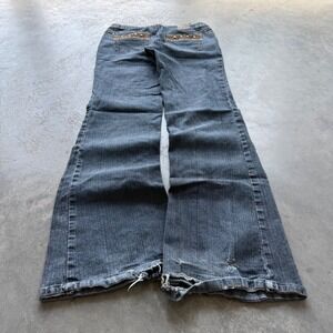Jeans D Women Flare Leg Jeans Size 9 Blue Studded Embroidered Y2K Distressed Hem